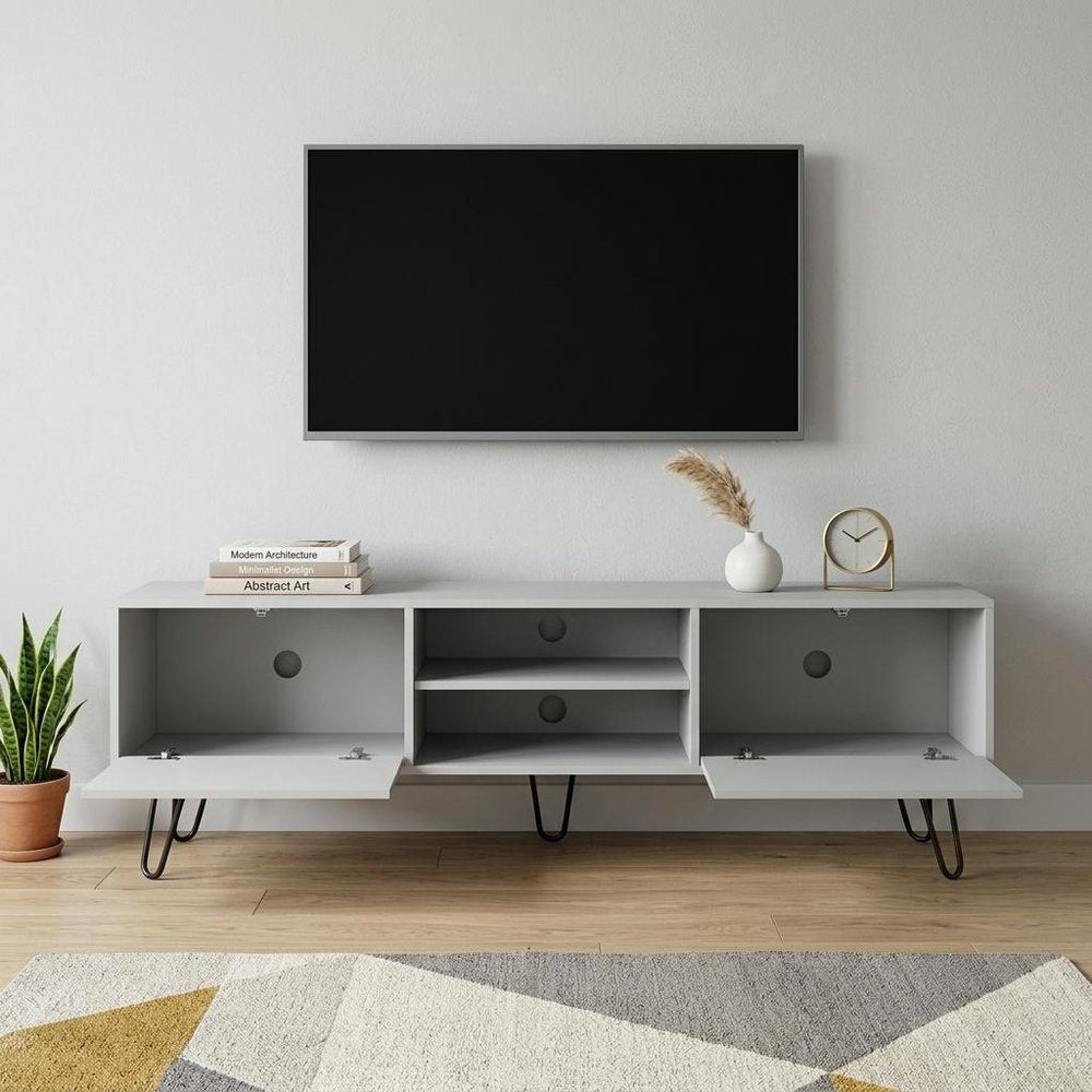 71" White Cabinet Open And Enclosed Storage TV Stand on a white background