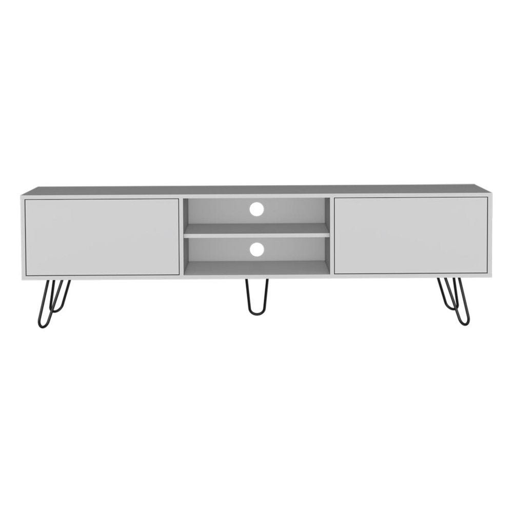 White TV stand with open shelving and enclosed cabinets, featuring hairpin legs and a white background.