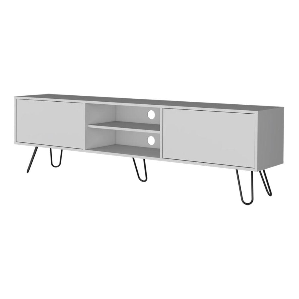 71" White Cabinet Open And Enclosed Storage TV Stand on a white background