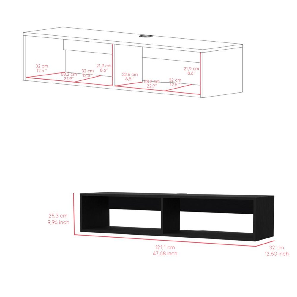 48" Black Floating Mount Entertainment Center. TV stand isolated on a plain white background, finished in black wood.