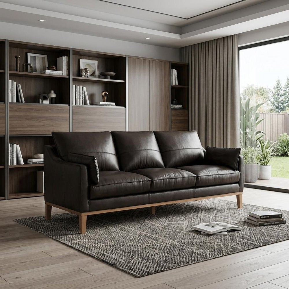 87" Dark Brown Leather Sofa And Toss Pillows With Brown Legs