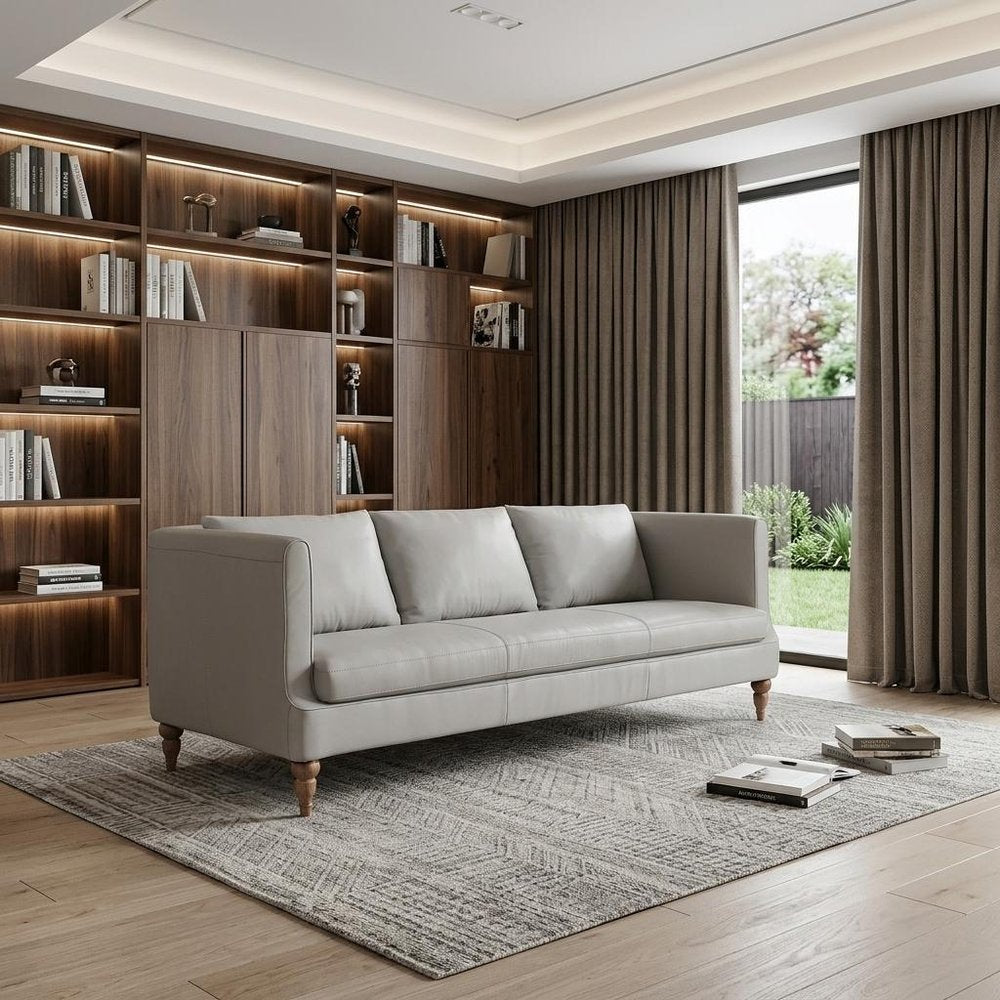 85" Gray Leather Sofa With Brown Legs