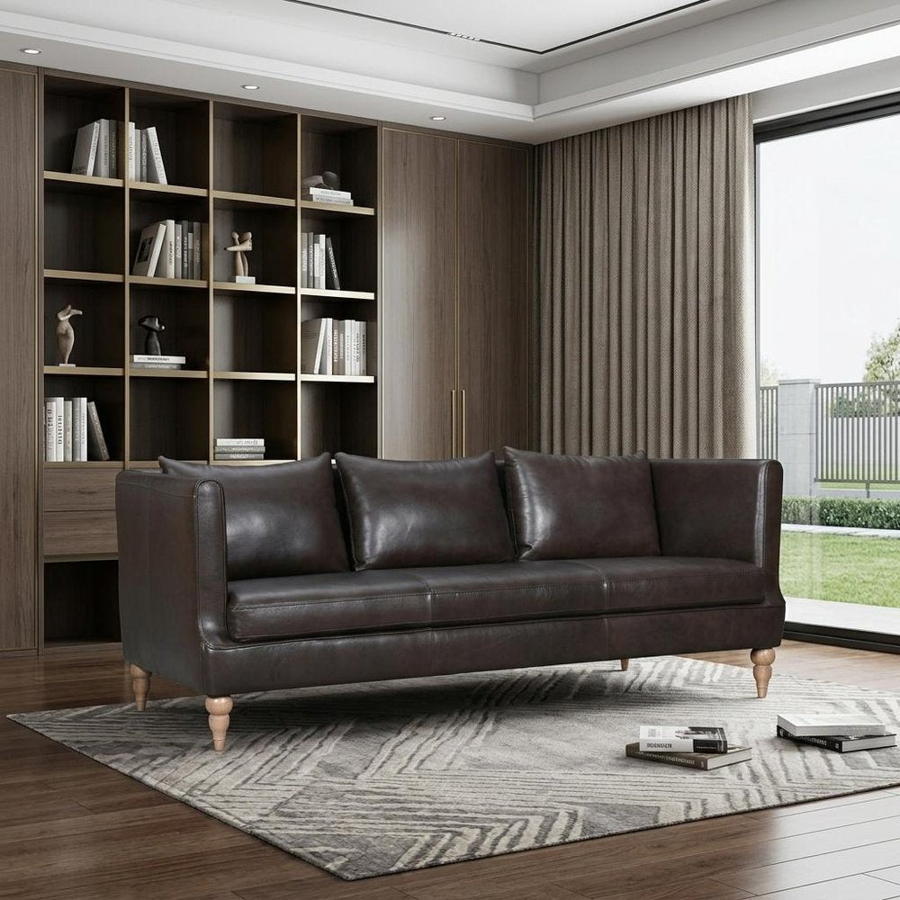 85" Dark Brown Leather Sofa With Brown Legs