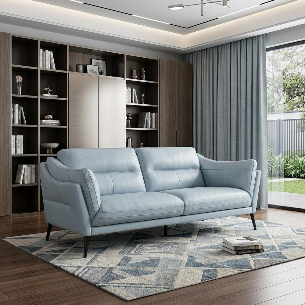 87" Sky Blue Leather Sofa With Black Legs