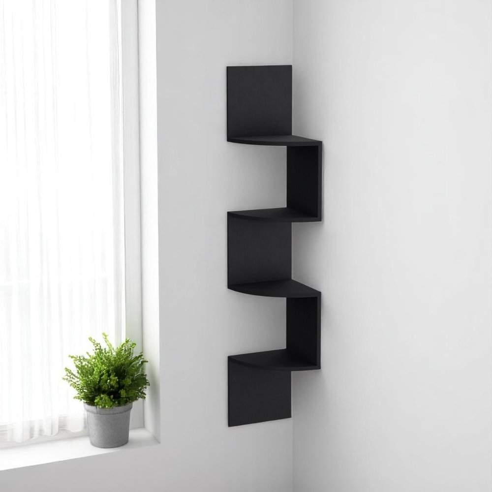 52" Black Wood Wall Mounted Corner Shelf. Wall mounted shelve isolated on a plain white background, showing a wood surface.