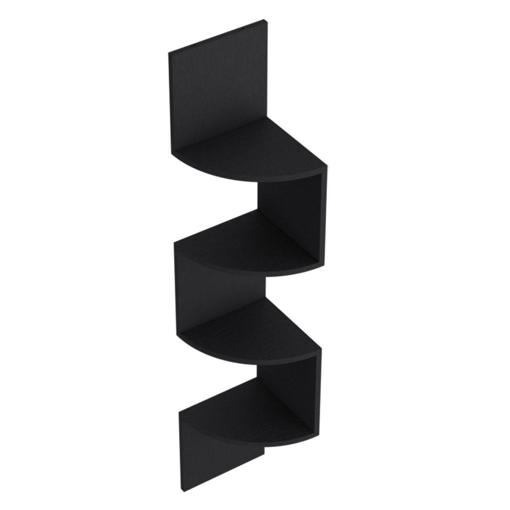 Black wood five-tier corner shelf mounted on a white background.
