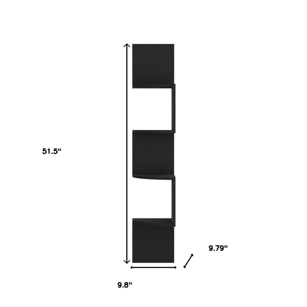 52" Black Wood Wall Mounted Corner Shelf. Wall mounted shelve isolated on a plain white background, showing a black wood surface.