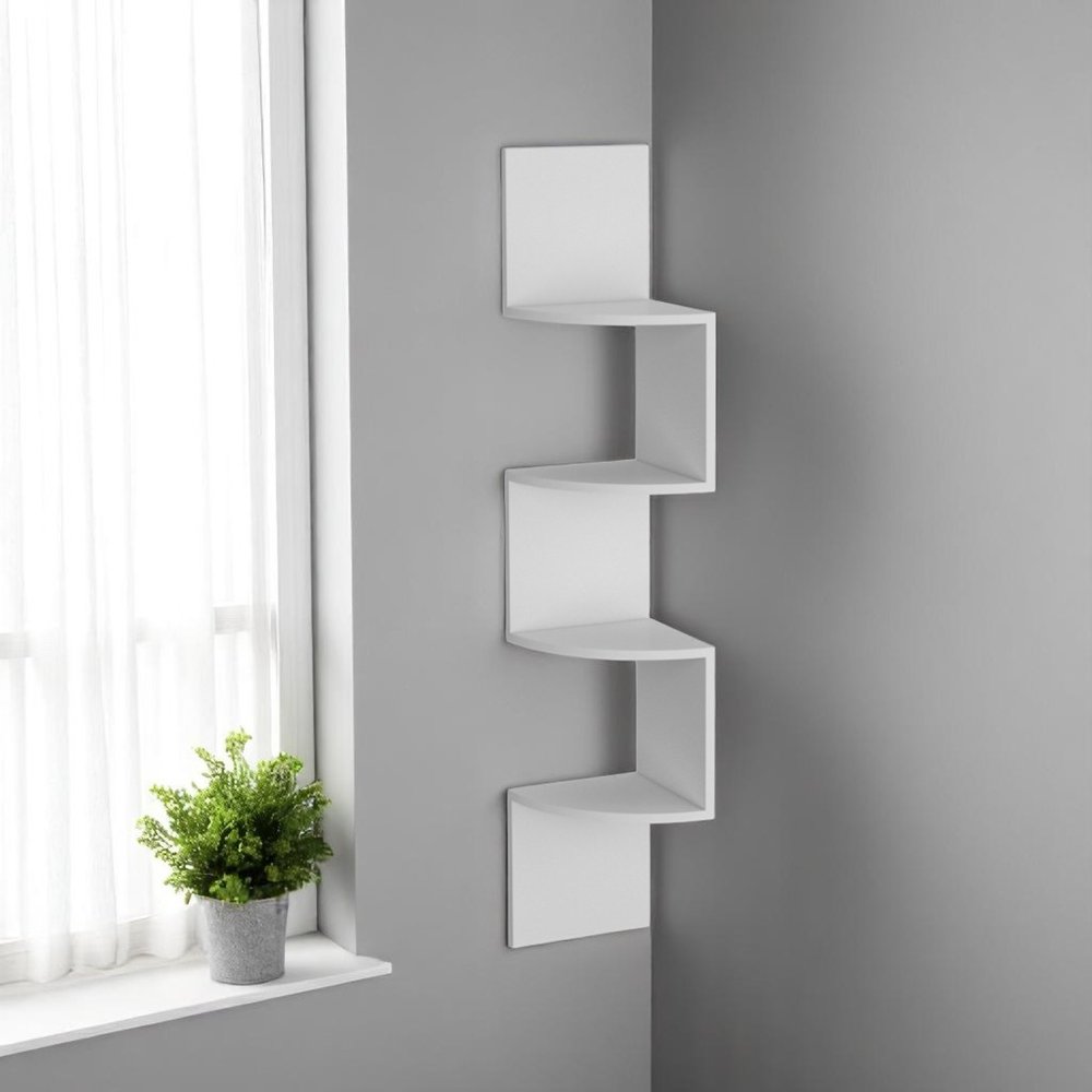 52" White Wood Wall Mounted Corner Shelf. Wall mounted shelve in white wood.
