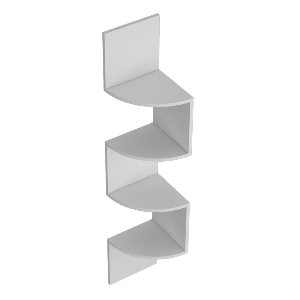 52" White Wood Wall Mounted Corner Shelf. Wall mounted shelve isolated on a plain white background, finished in white wood.