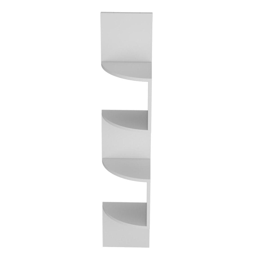 52" White Wood Wall Mounted Corner Shelf. Wall mounted shelve isolated on a plain white background, showing a white wood surface.