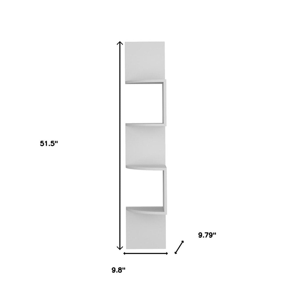 52" White Wood Wall Mounted Corner Shelf. Wall mounted shelve isolated on a plain white background, finished in white wood.