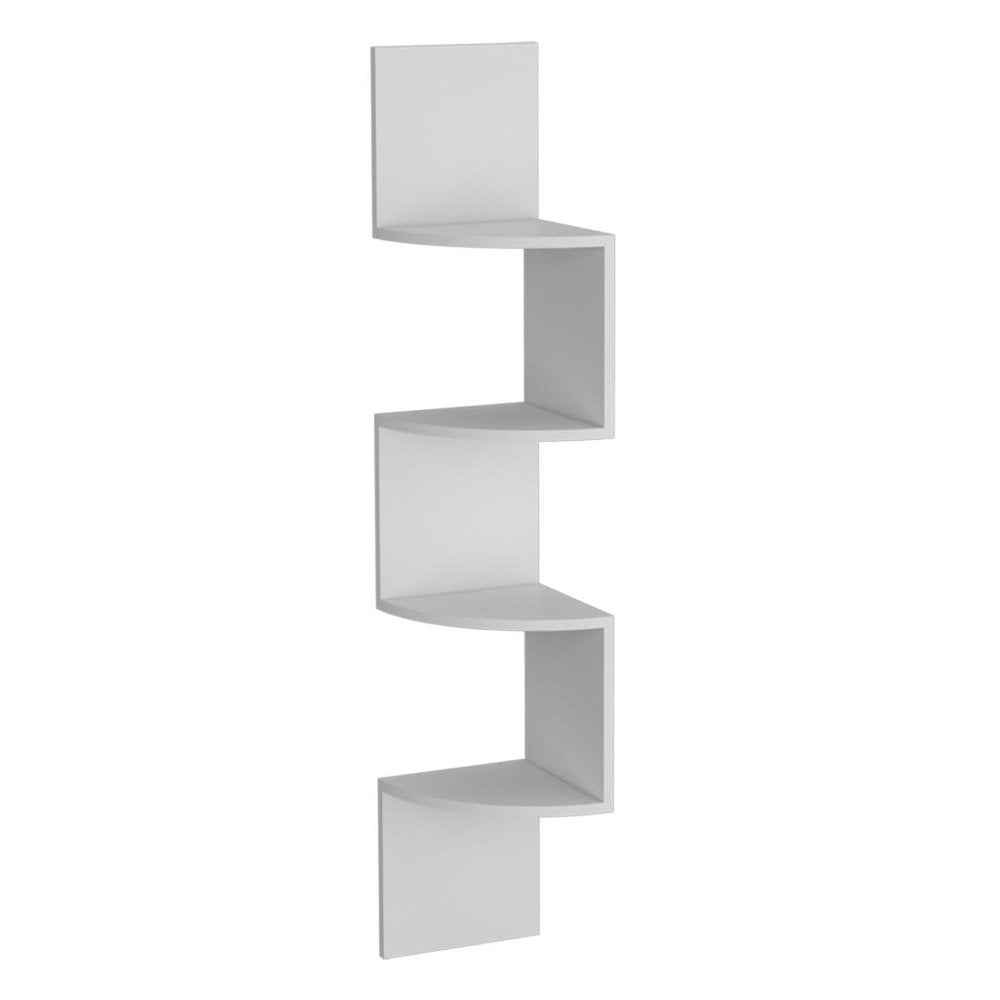52" White Wood Wall Mounted Corner Shelf. Wall mounted shelve isolated on a plain white background, showing a white wood surface.