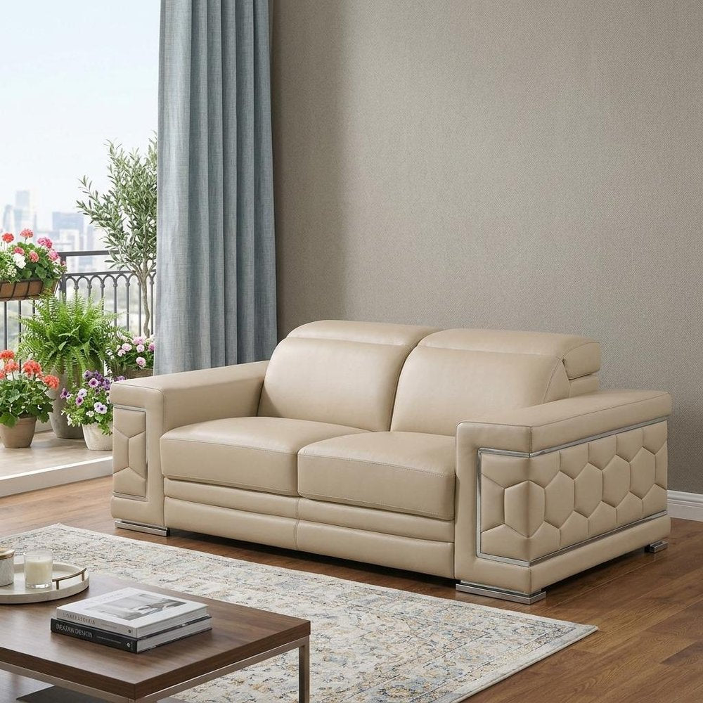 71" Beige And Silver Genuine Leather Loveseat