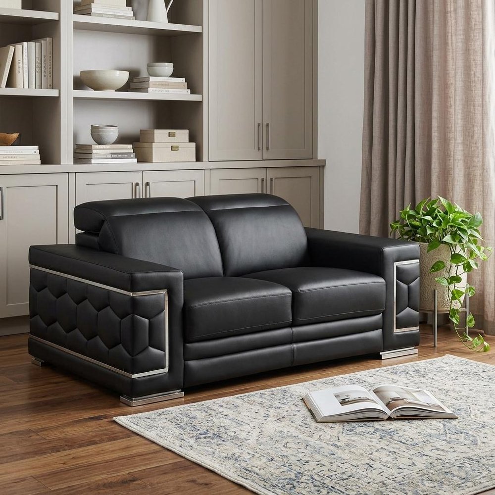 71" Black And Silver Genuine Leather Loveseat