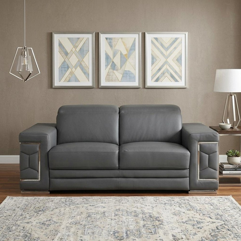 71" Gray And Silver Genuine Leather Loveseat