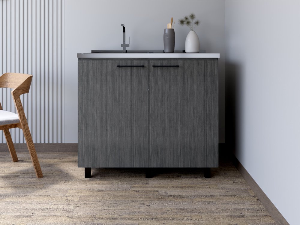 35" X 39" Dark Gray And Silver Stainless Steel and Wood Utility Cabinet With Sink. Kitchen & utility sink isolated on a plain white background, showing a charcoal metal surface.
