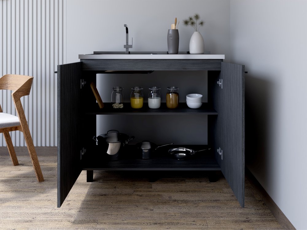 35" X 39" Dark Gray And Silver Stainless Steel and Wood Utility Cabinet With Sink. Kitchen & utility sink isolated on a plain white background, finished in charcoal metal.