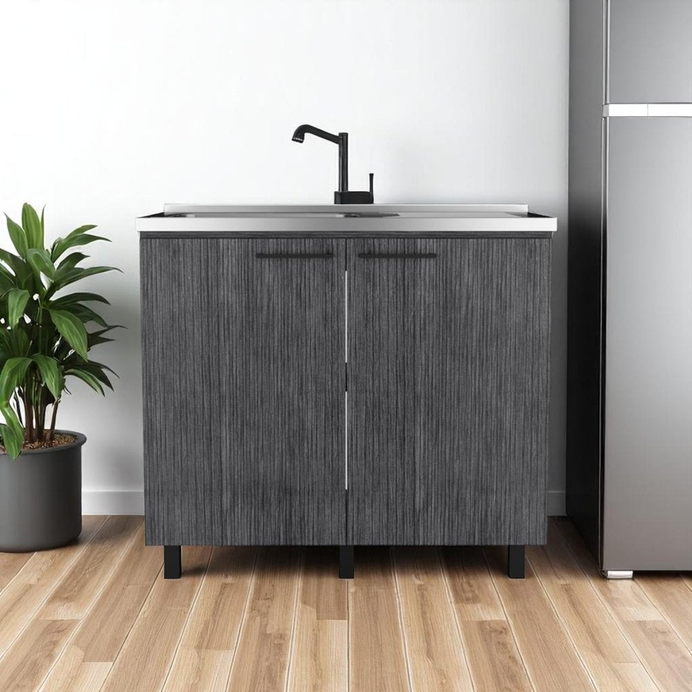 35" X 39" Dark Gray And Silver Stainless Steel and Wood Utility Cabinet With Sink. Kitchen & utility sink in charcoal metal.