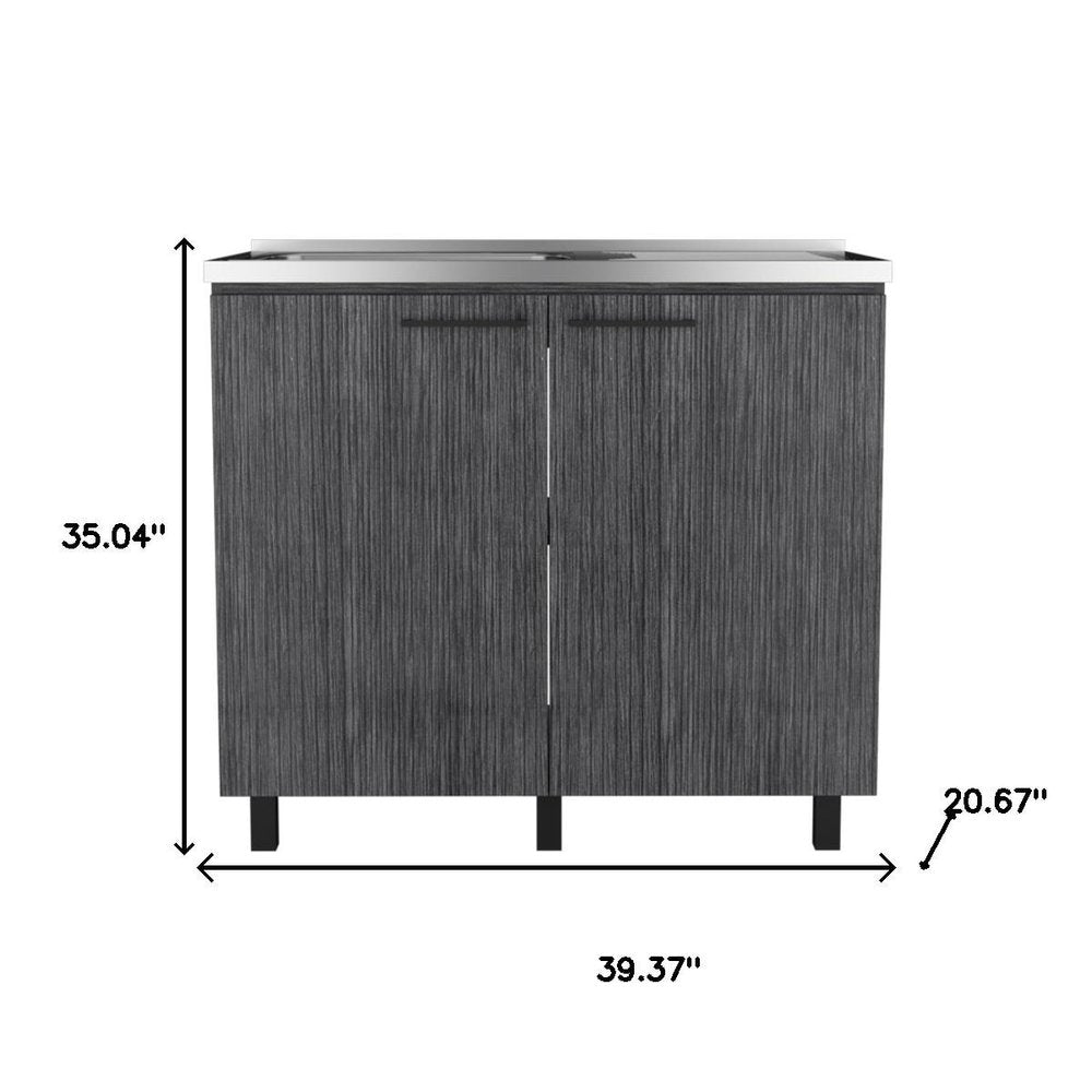 35" X 39" Dark Gray And Silver Stainless Steel and Wood Utility Cabinet With Sink. Kitchen & utility sink isolated on a plain white background, showing a charcoal metal surface.
