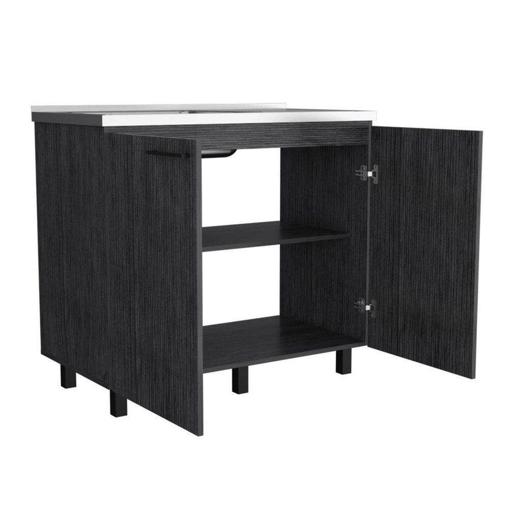 Dark gray and silver stainless steel and wood utility cabinet with sink, open doors, and two shelves on a white background.