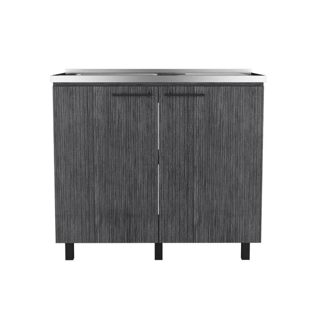 35" X 39" Dark Gray And Silver Stainless Steel and Wood Utility Cabinet With Sink. Kitchen & utility sink isolated on a plain white background, finished in charcoal metal.