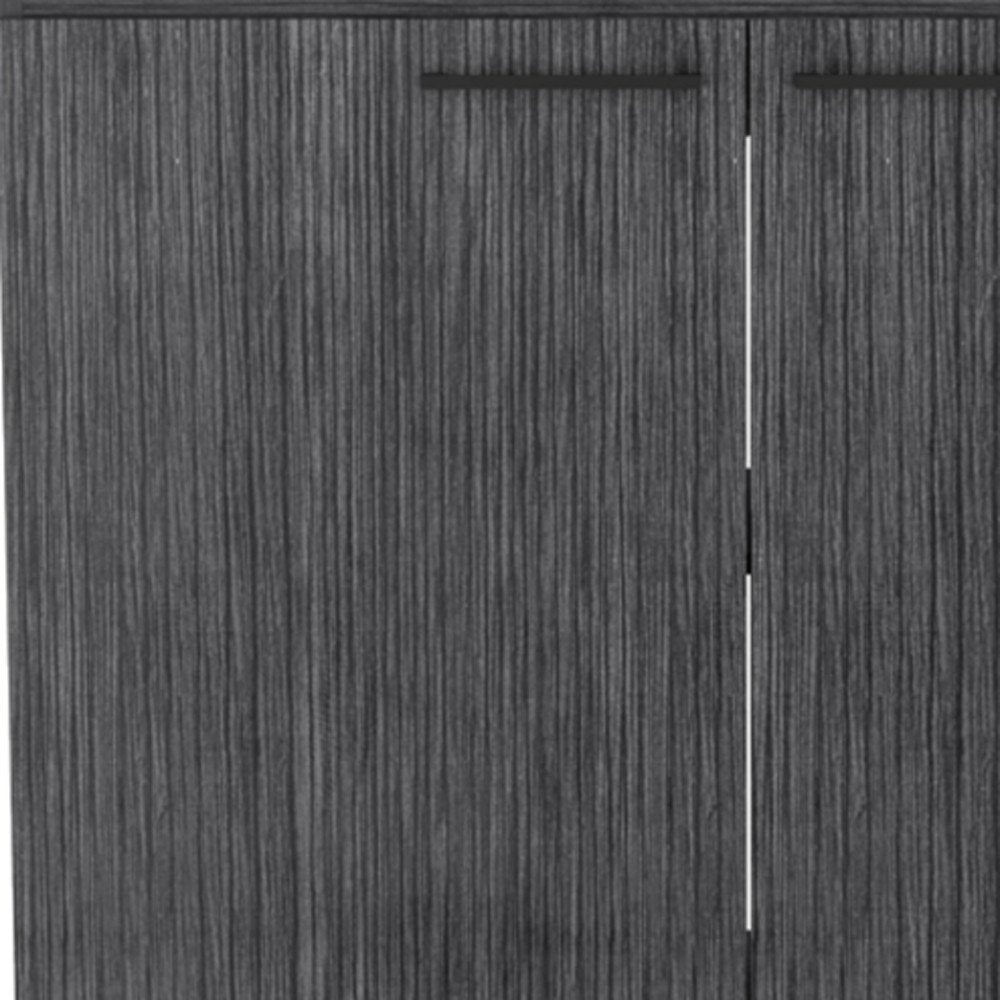 35" X 39" Dark Gray And Silver Stainless Steel and Wood Utility Cabinet With Sink close-up highlighting the charcoal metal surface.