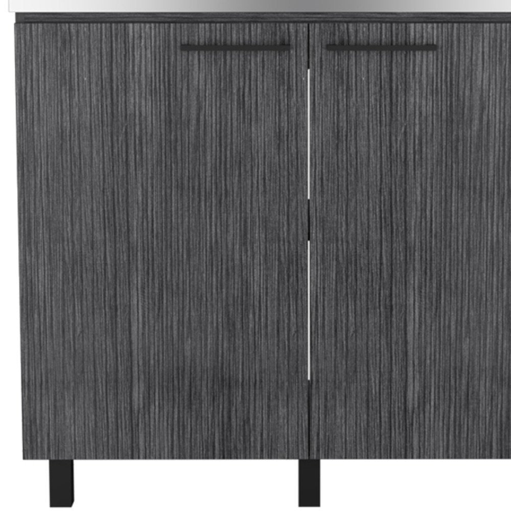 Close-up of 35" X 39" Dark Gray And Silver Stainless Steel and Wood Utility Cabinet With Sink showing charcoal metal detail.