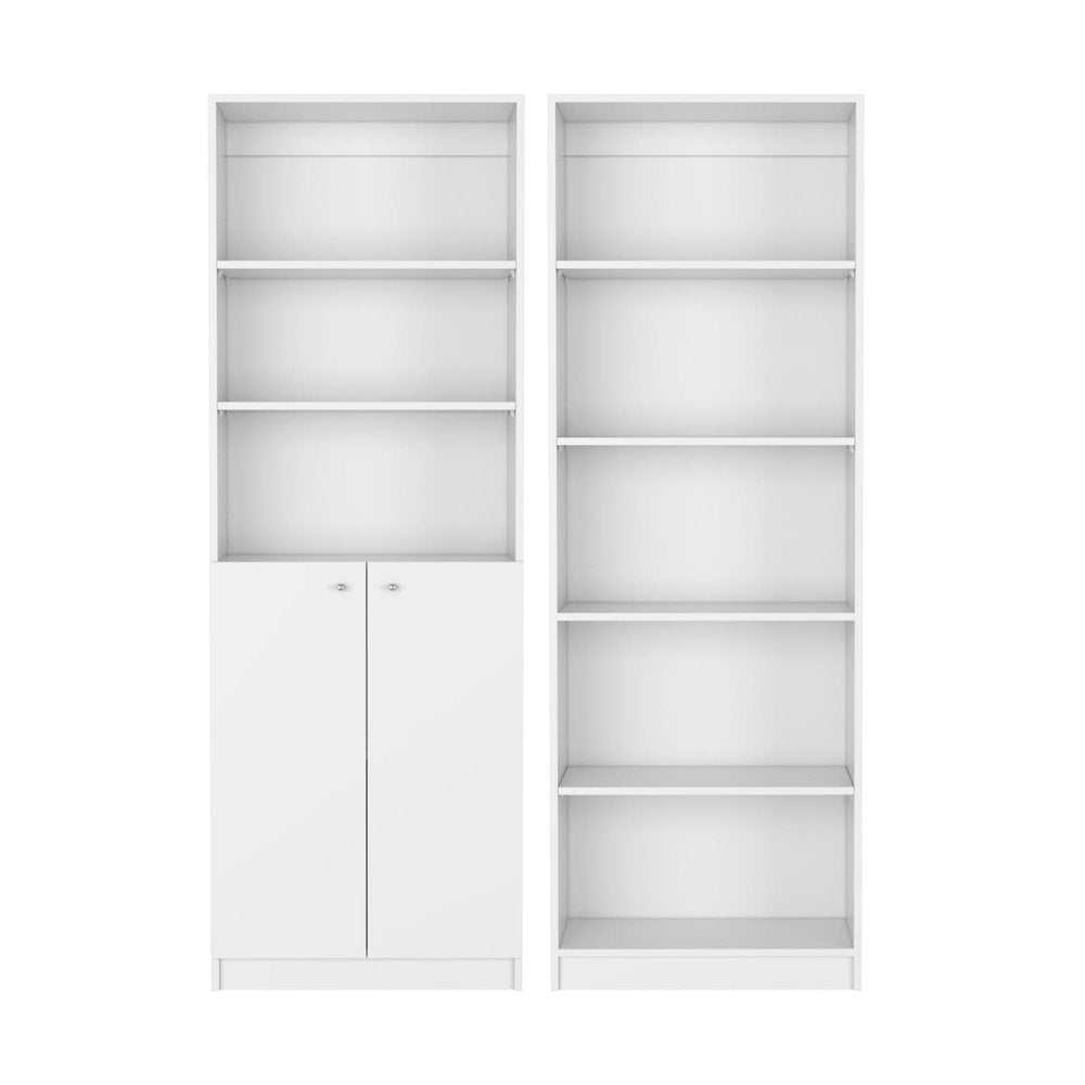 Set of Two White Wood Five Tier Modular Bookcase with Two Doors
