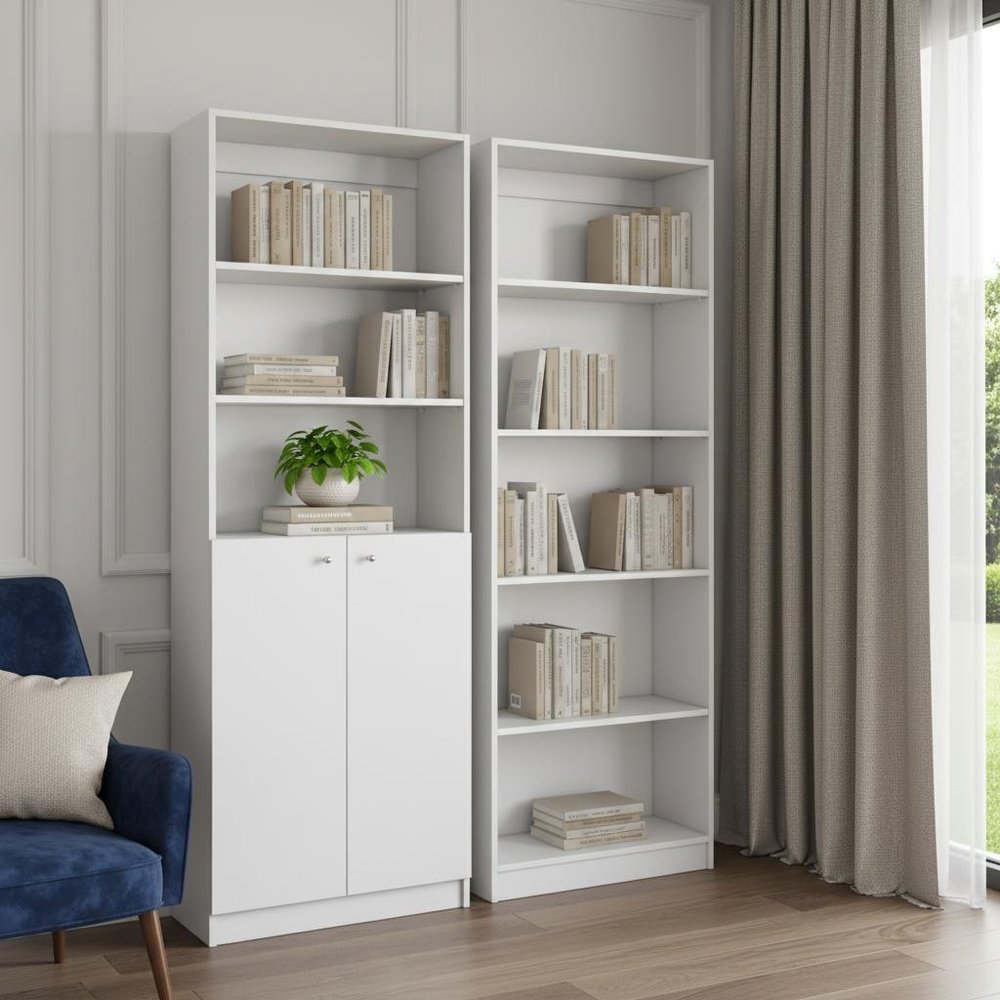 Set of Two White Wood Five Tier Modular Bookcase with Two Doors