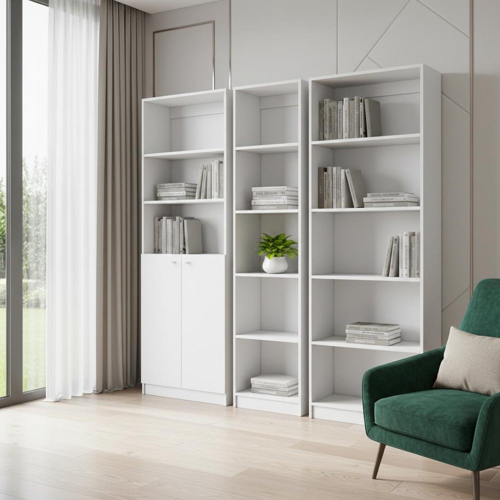 Set of Three White Wood Five Tier Modular Bookcase with Two Doors in a home interior
