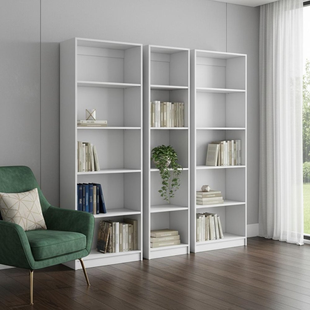 Set of Three White Wood Five Tier Modular Bookcase in a home interior