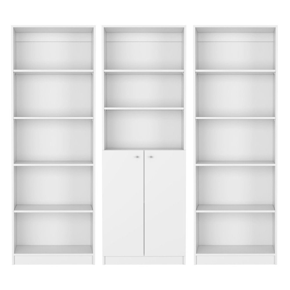 Set of Three White Wood Five Tier Modular Bookcase with Two Doors - SKU 546617