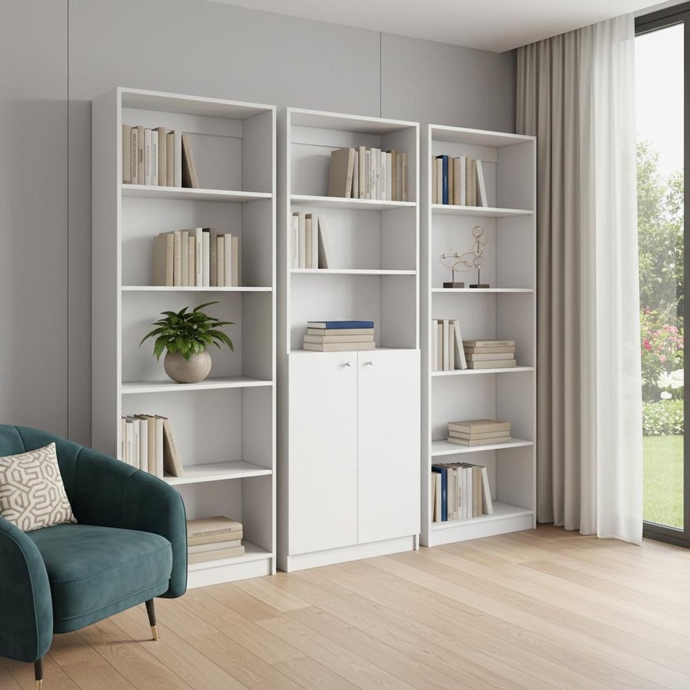 Set of Three White Wood Five Tier Modular Bookcase with Two Doors - SKU 546617