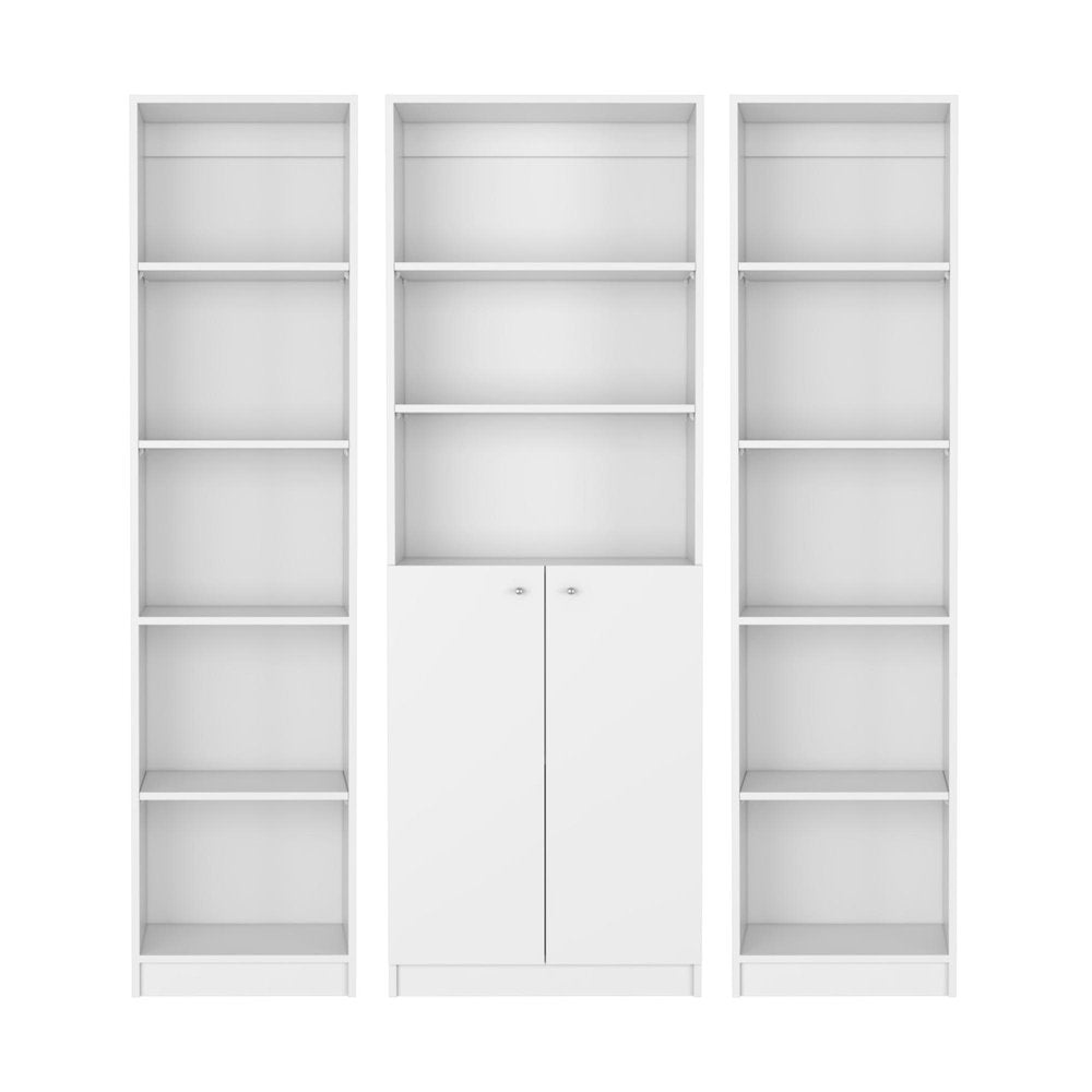 Set of Three White Wood Five Tier Modular Bookcase with Two Doors - 71.10" H x 17.72" W x 11.77" D