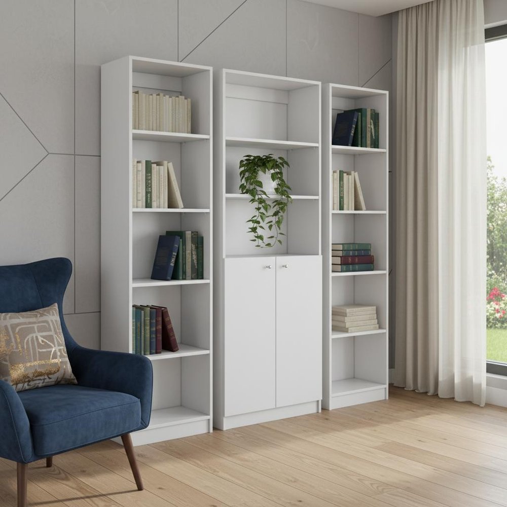 Set of Three White Wood Five Tier Modular Bookcase with Two Doors in a home interior