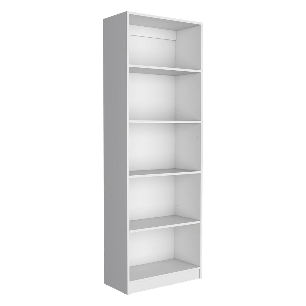 White five-tier modular bookcase made of wood against a white background.