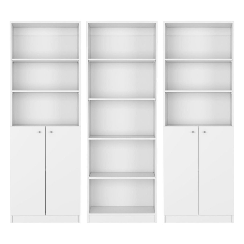 Set of Three White Wood Five Tier Modular Bookcase with Four Doors - 71.10" H x 24.70" W x 11.70" D