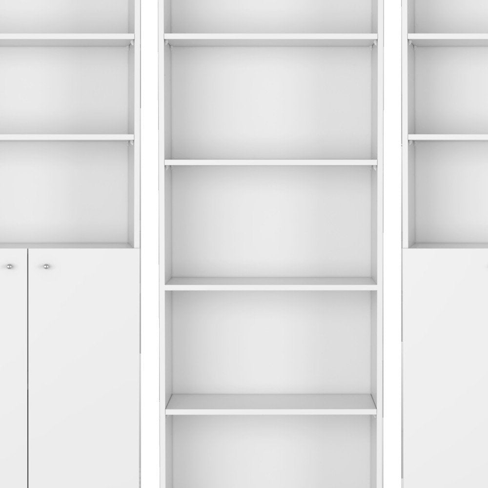 Set of Three White Wood Five Tier Modular Bookcase with Four Doors - 71.10" H x 24.70" W x 11.70" D