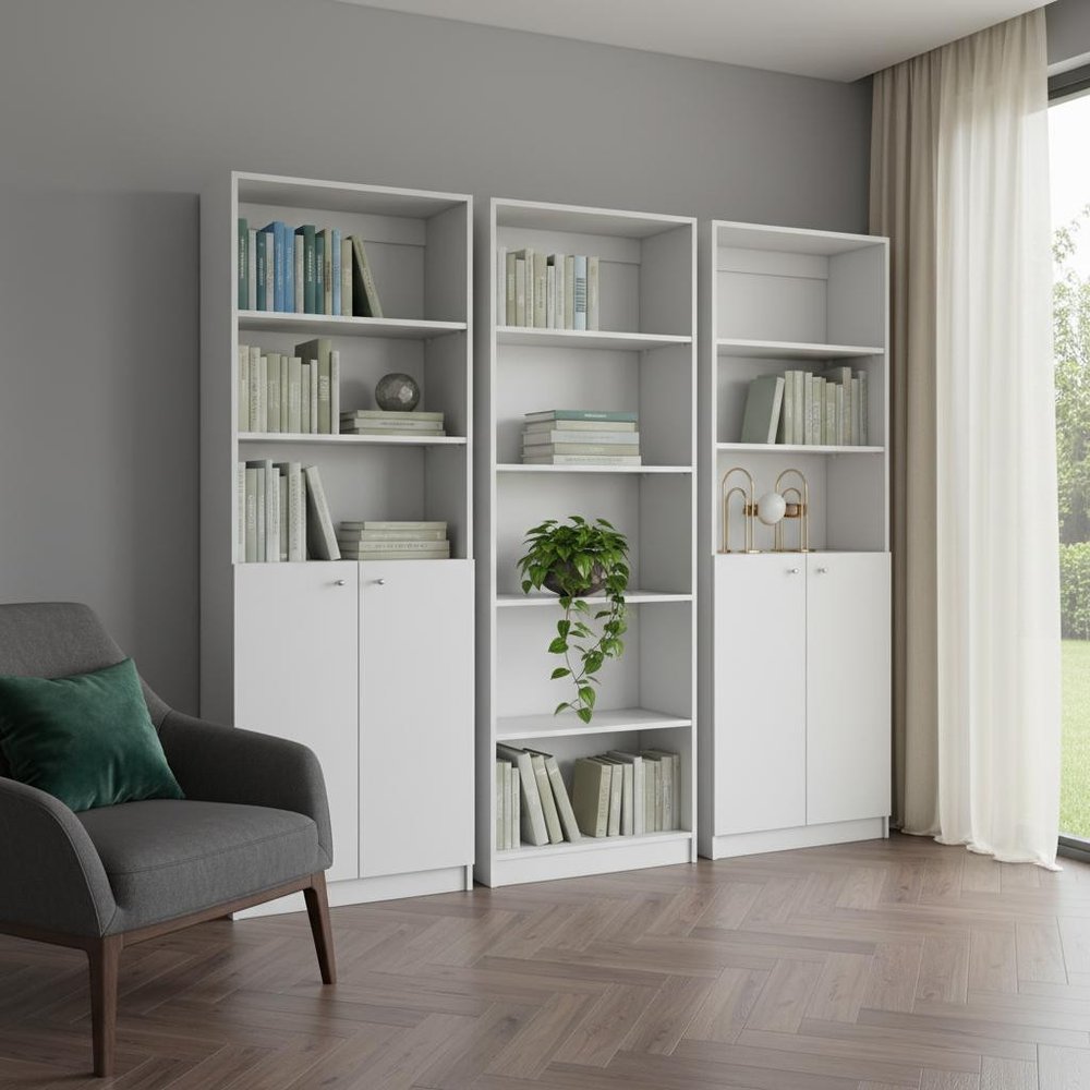 Set of Three White Wood Five Tier Modular Bookcase with Four Doors - 71.10" H x 24.70" W x 11.70" D