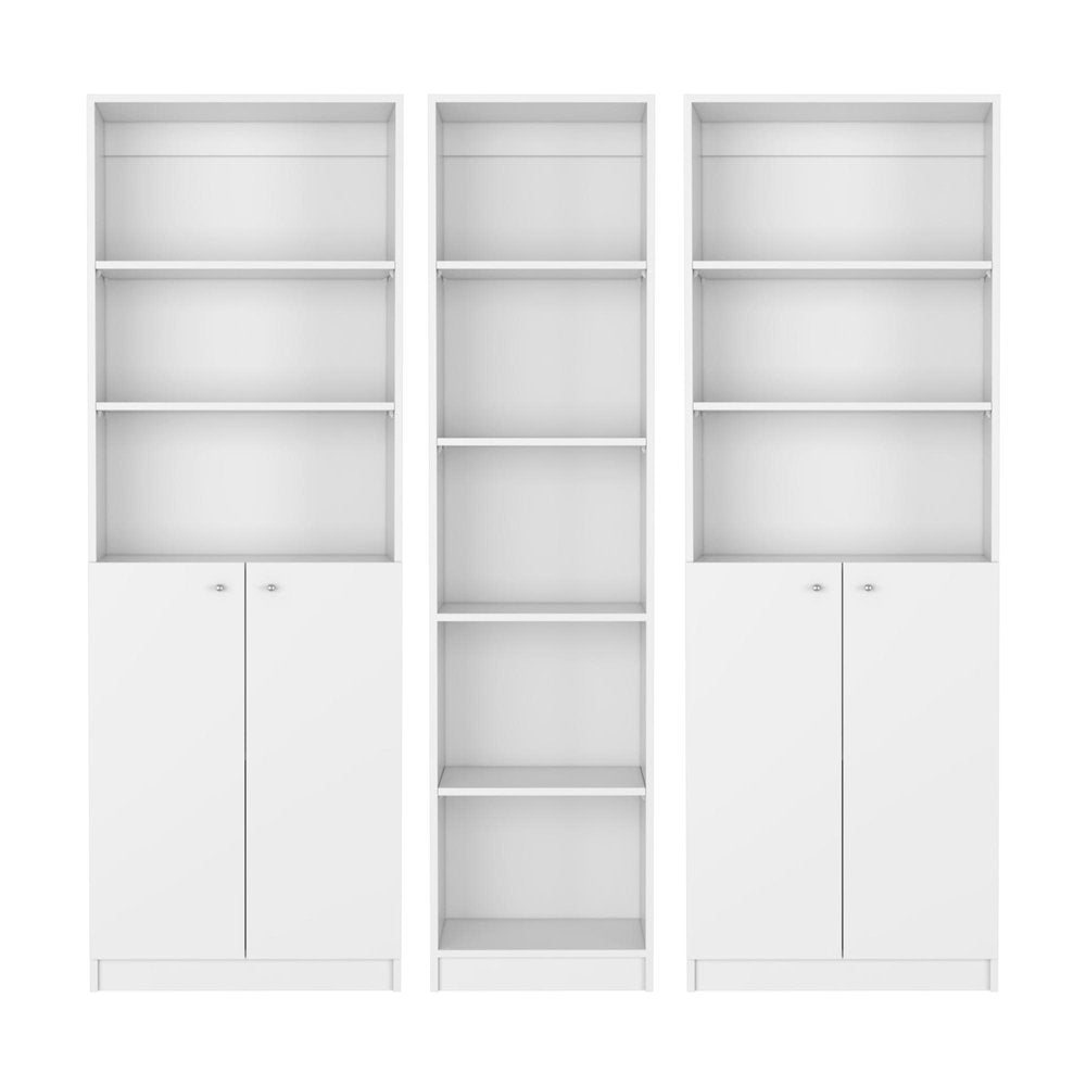 Set of Three White Wood Five Tier Modular Bookcase with Four Doors - 71.10" H x 17.72" W x 11.77" D