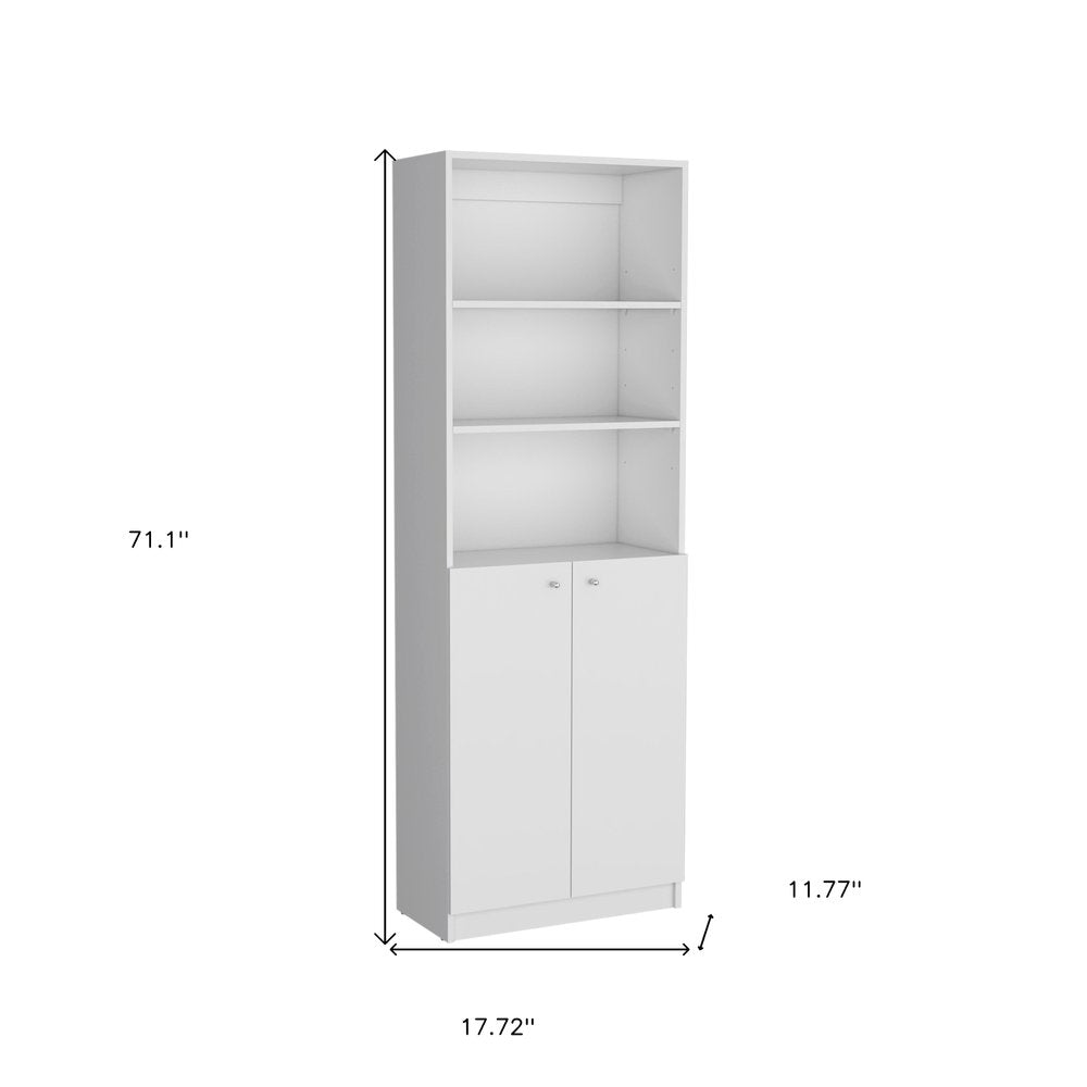 Set of Three White Wood Five Tier Modular Bookcase with Four Doors on a white background