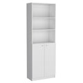Set of Three White Wood Five Tier Modular Bookcase with Four Doors on a white background