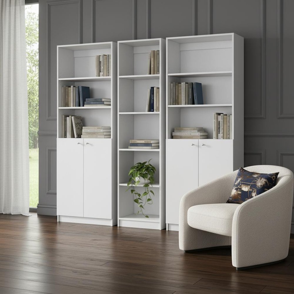 Set of Three White Wood Five Tier Modular Bookcase with Four Doors in a home interior