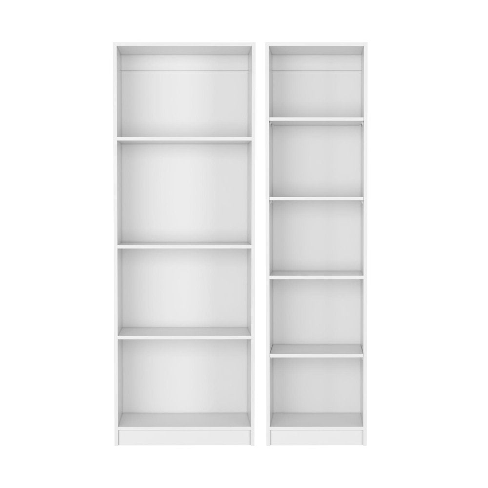 Two white wood modular bookcases, each with nine shelves, shown against a white background.