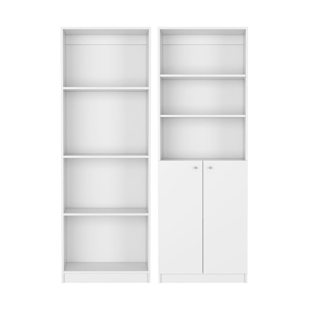 Two white wood modular bookcases, one with seven open shelves and the other with four open shelves above two cabinet doors.