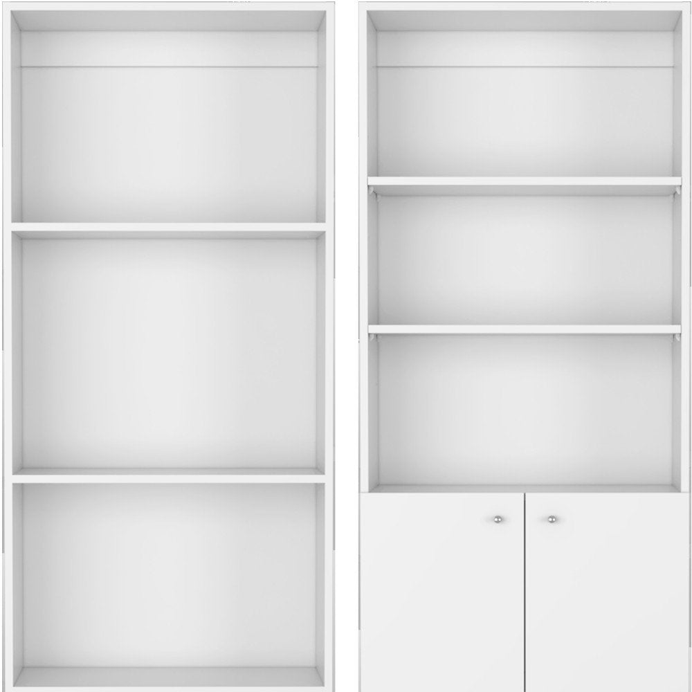 Set of Two White Wood Seven Tier Modular Bookcase with Two Doors