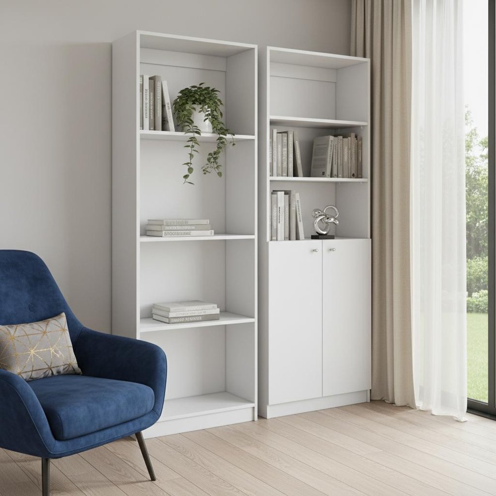 Set of Two White Wood Seven Tier Modular Bookcase with Two Doors