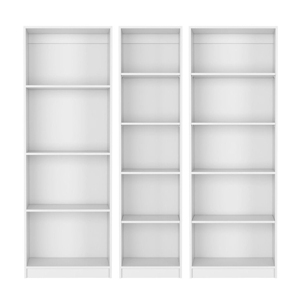 Three white wood modular bookcases, each with fourteen tiers, against a white background.