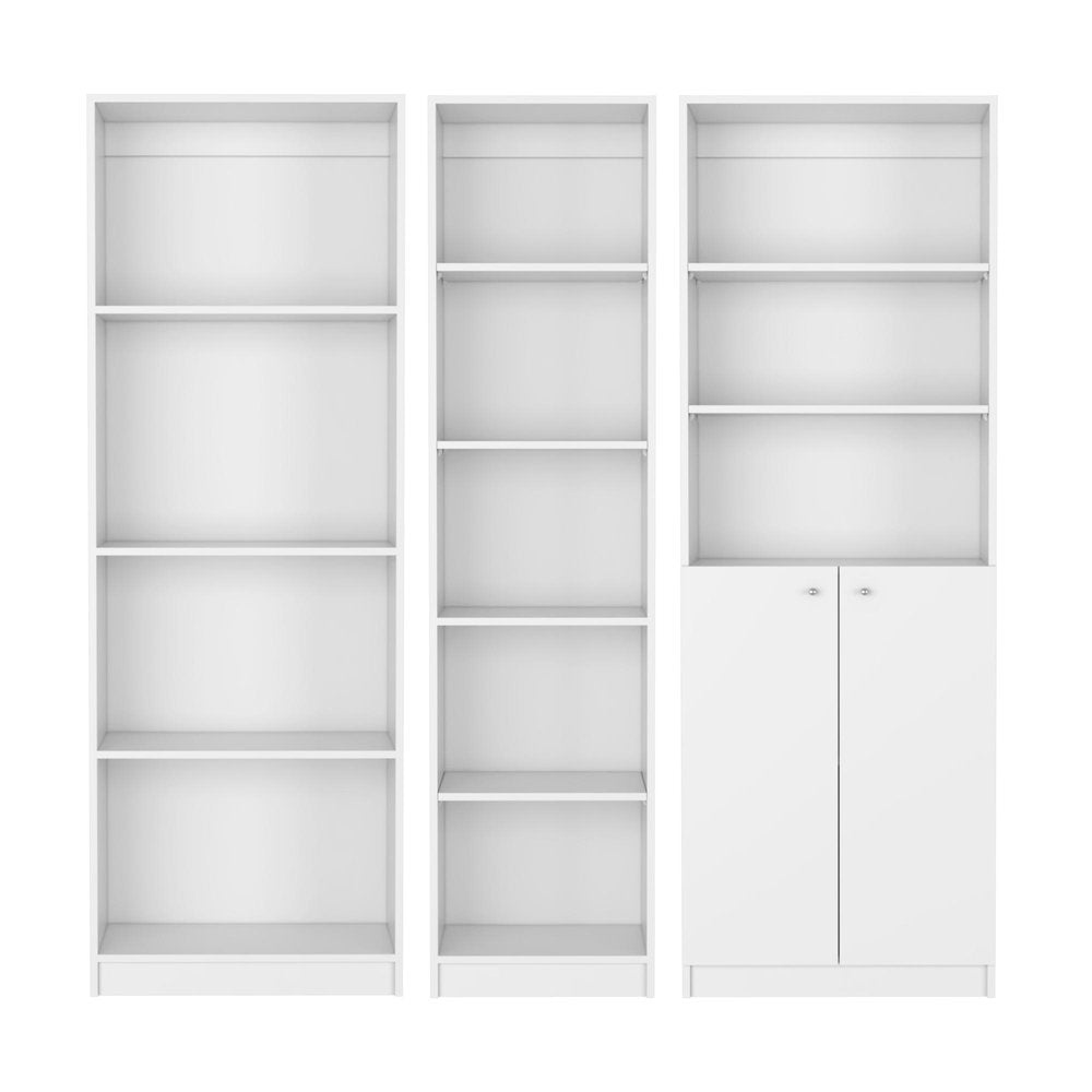 Three white wood modular bookcases, one with two doors at the bottom, against a white background.