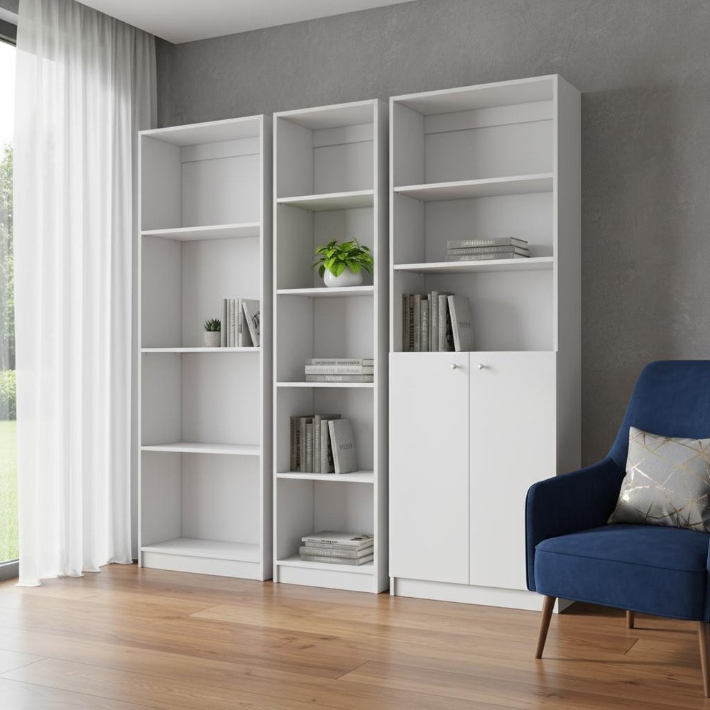 Set of Three White Wood Twelve Tier Modular Bookcase with Two Doors - SKU 546626